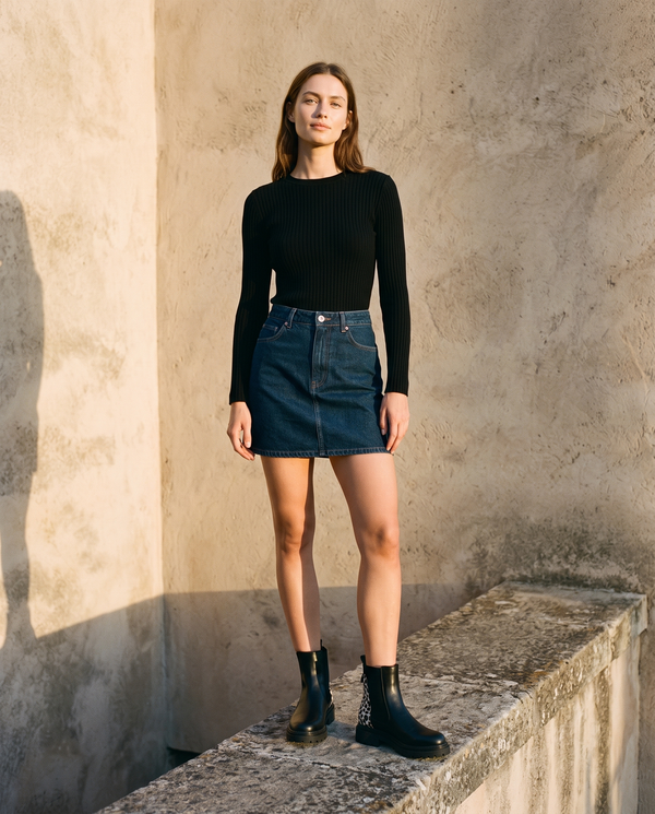 Boots Chelsea AGATHE noires portées avec une jupe en jean sur une terrasse en pierre — A by André