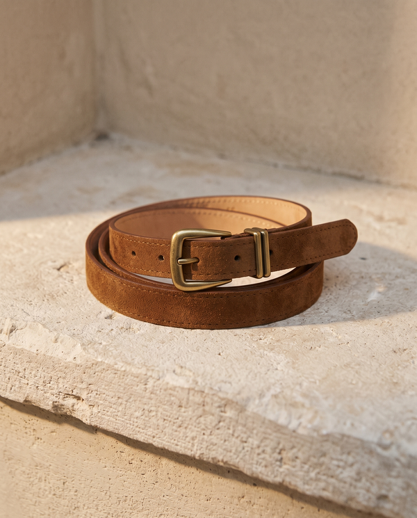 Ceinture LILOU camel à boucle western enroulée sur une marche en pierre — A by André