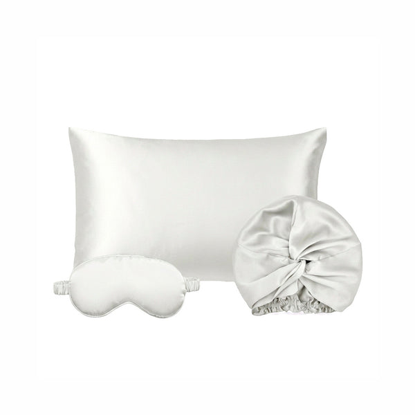 Taie d’oreiller + masque de nuit + bonnet de nuit en soie - Lunéia Blanc - PACK EN SOIE