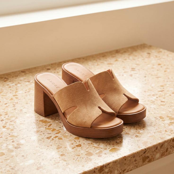 André mules camel en croûte de cuir avec talon bloc effet bois et plateforme, idéales pour l'été.