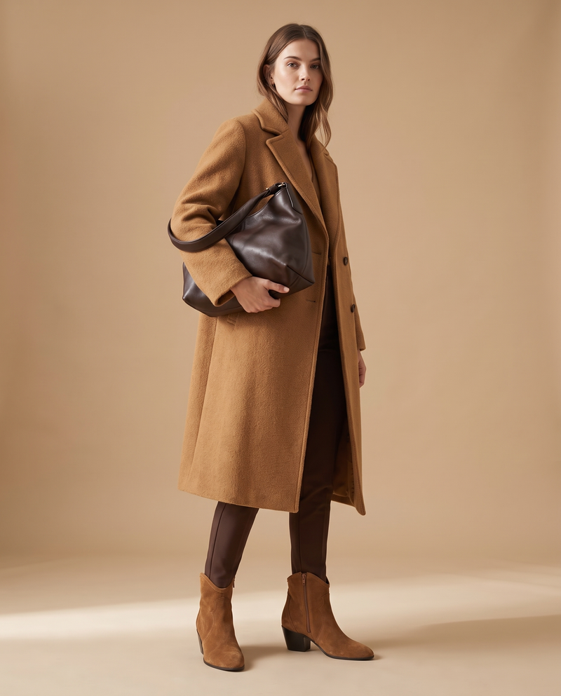 Boots ALIENA taupe suède portées, silhouette complète