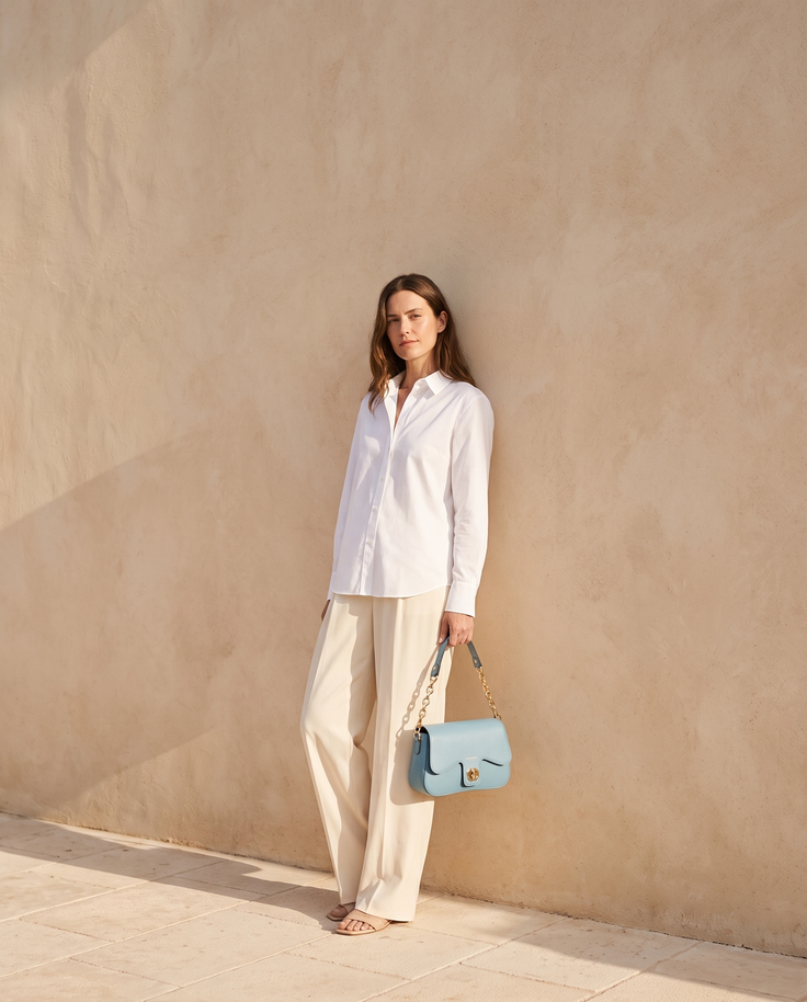 Sac ALMA bleu azur Maison André porté