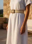 André Aurea beige woven paper belt with a square bamboo buckle and decorative stitching. Adjustable, hole-free design.