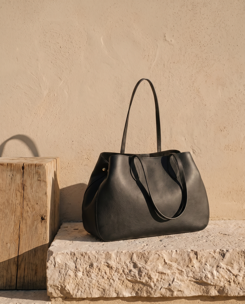 Sac cabas AUTEUIL noir Maison André posé sur une marche en pierre, mur enduit beige