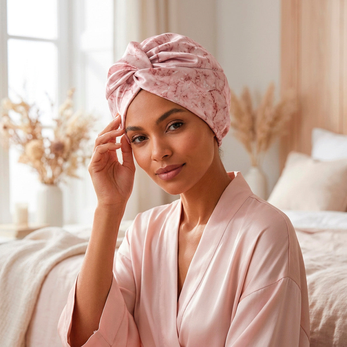 Silk sleep bonnet - Soléa Pink marble