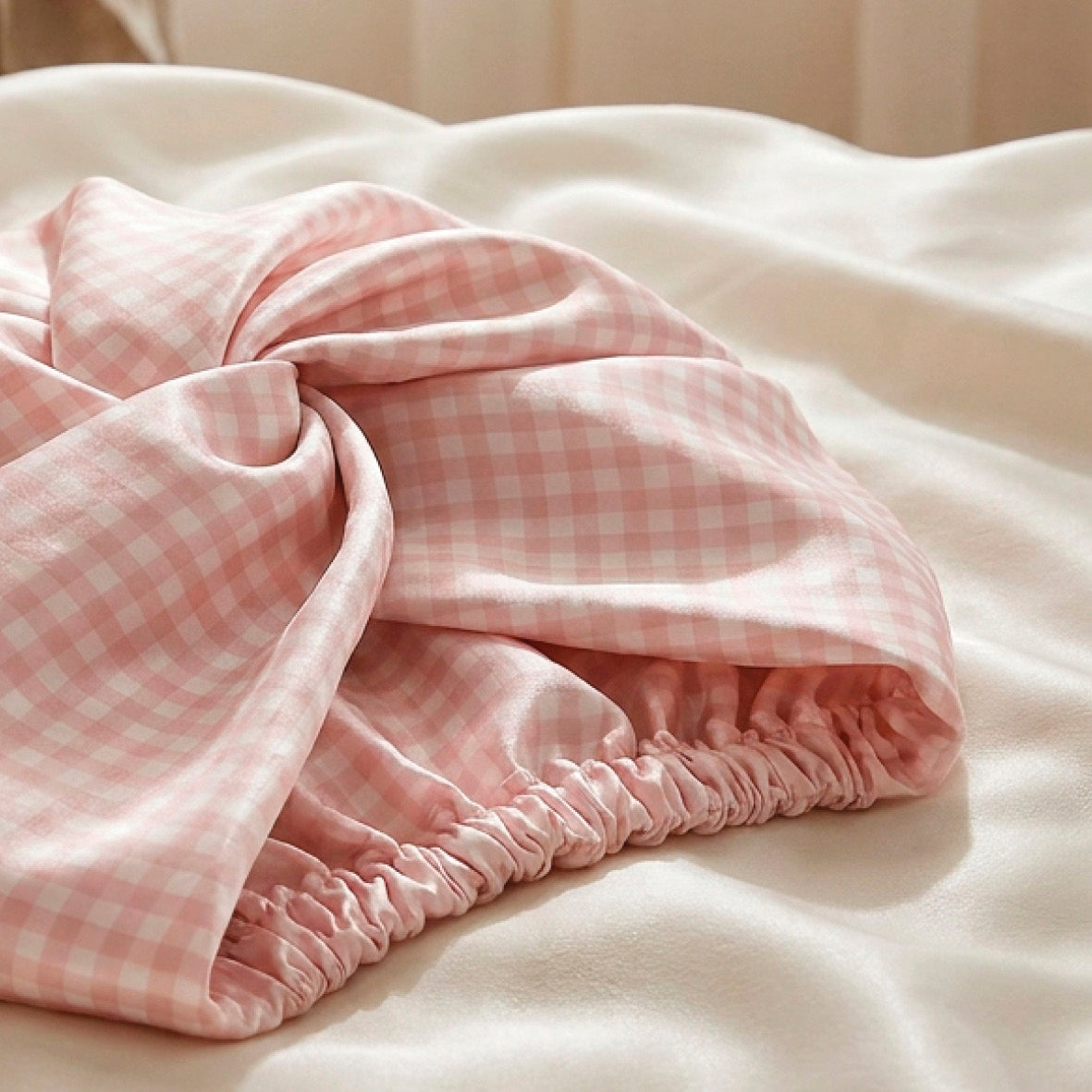Silk sleep bonnet - Soléa Gingham pink
