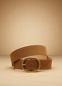 André Brisea camel suede belt with oval gold buckle, made in Italy.