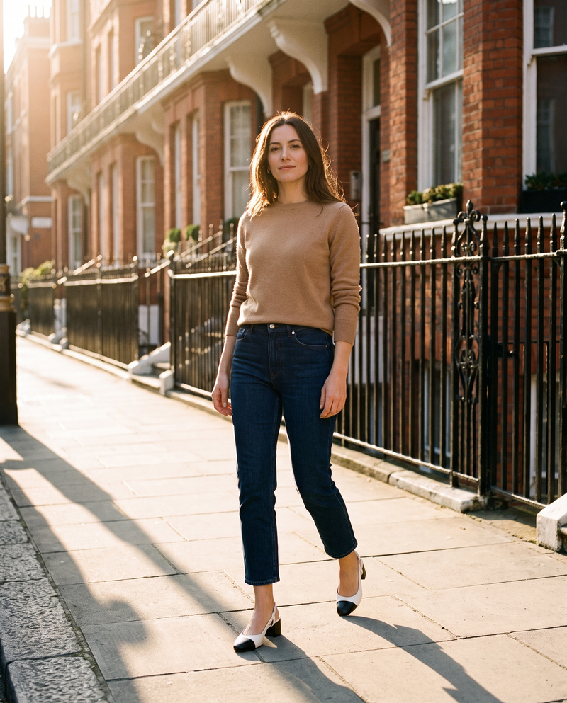 Slingback BRUNIE beige portée, femme marchant dans une rue de Londres