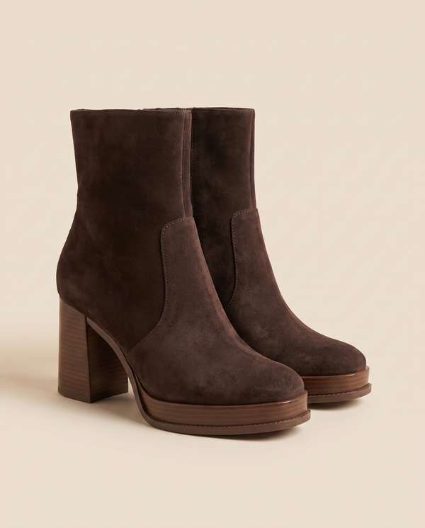 Boots CELESTE marron suède debout sur fond beige