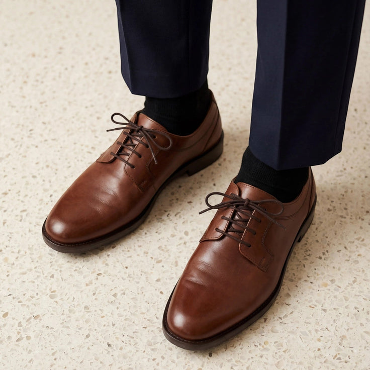 Chaussures homme André CERNY en cuir cognac, bout rond, lacets, semelle résistante. Élégance et confort.