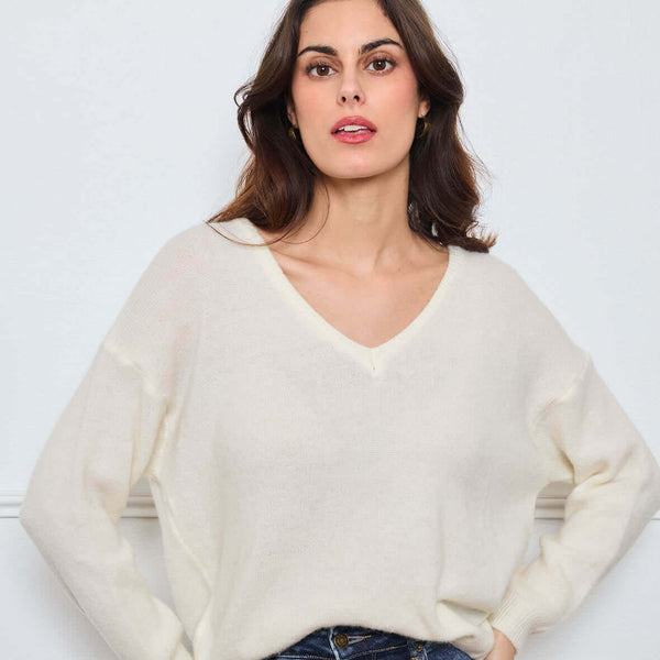PULL COL V OPALINE BLANC - André