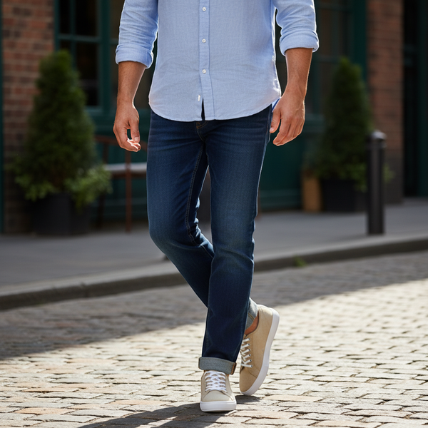 André beige canvas low-top sneakers with white laces and white rubber sole.