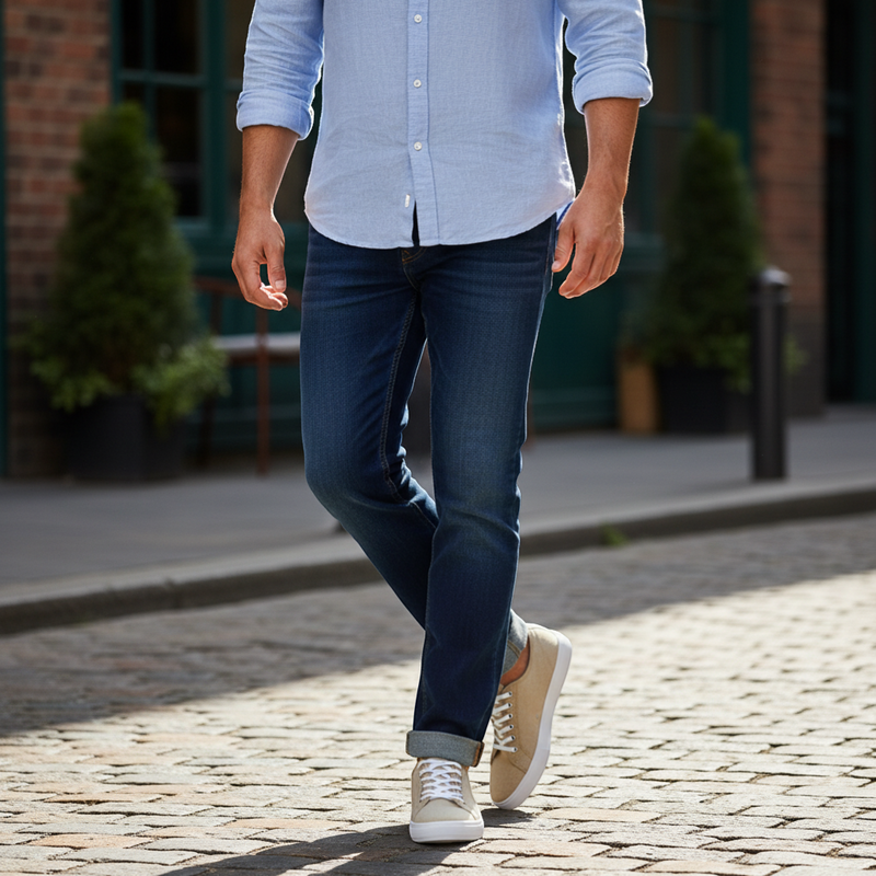 André beige canvas low-top sneakers with white laces and white rubber sole.