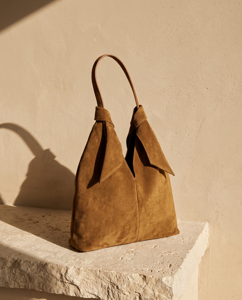 Sac DAUPHINE camel suède Maison André posé sur une marche en pierre