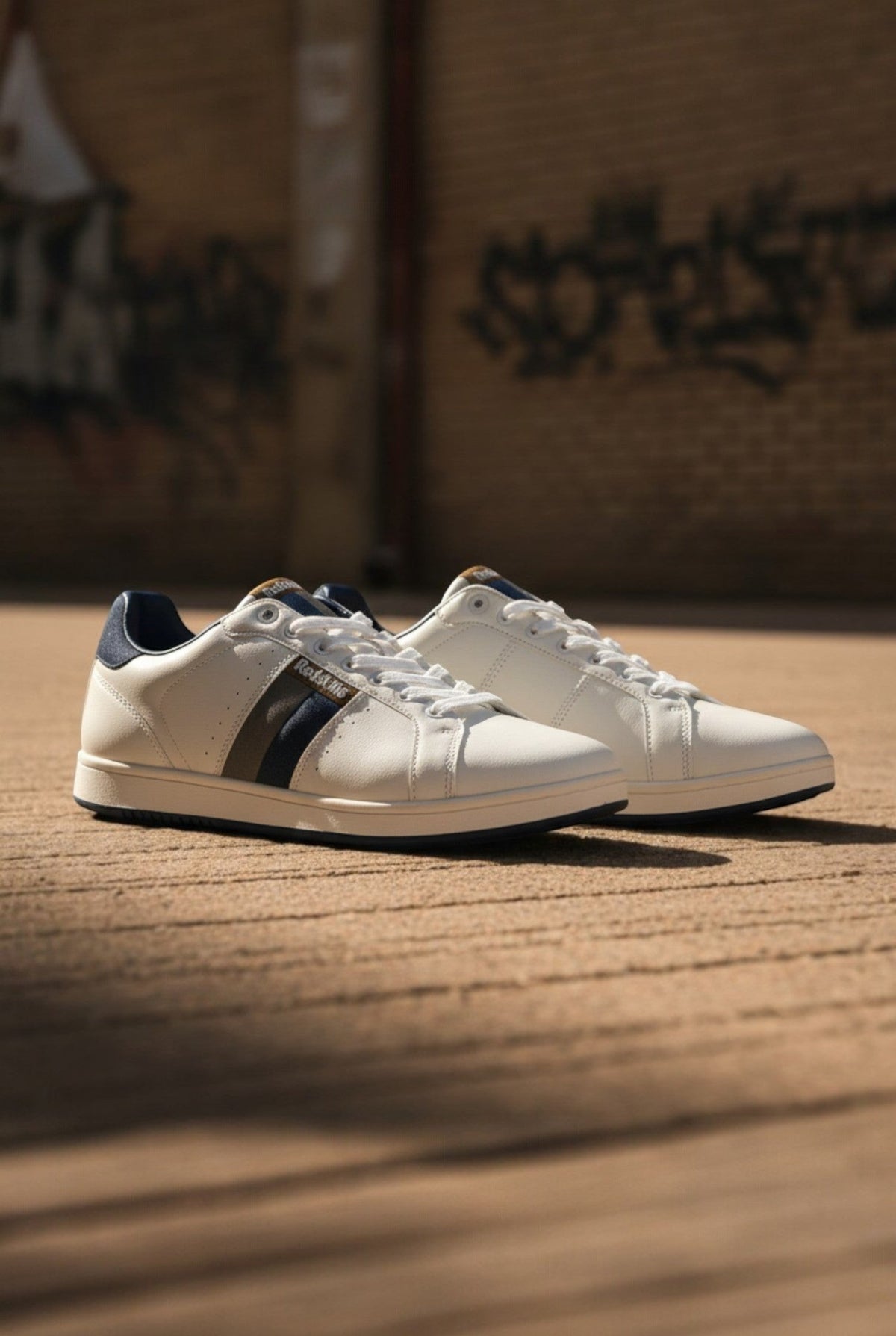 André Dayton white leather tennis-inspired sneakers with navy and camel side stripes and heel detail.