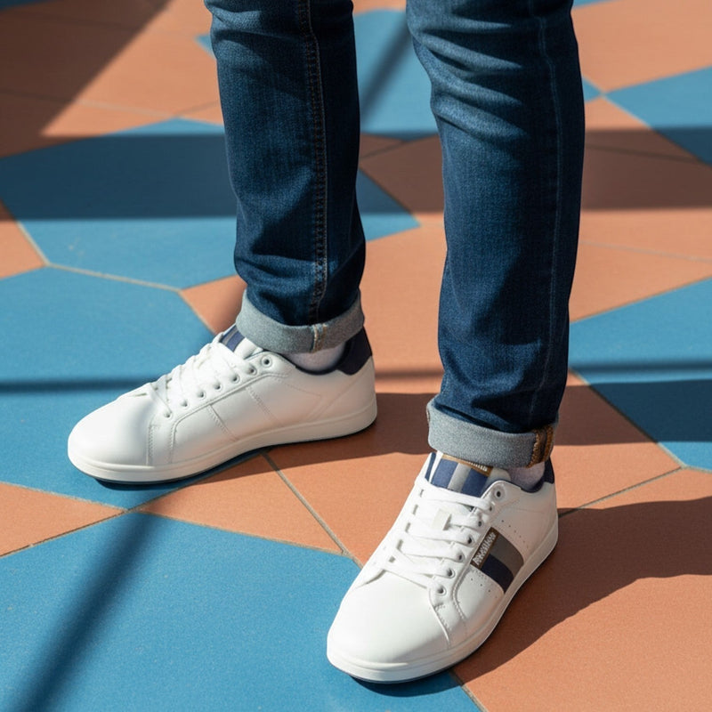 André Dayton white leather sneakers with navy and camel side stripes and navy heel tab.