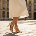 André gold leather strappy heeled sandals with buckle ankle strap and square toe.