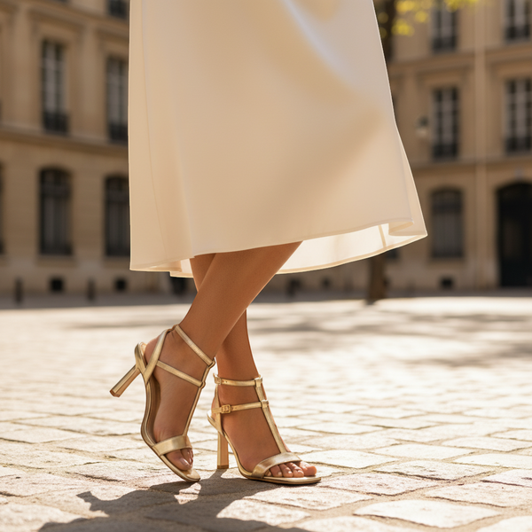 André gold leather strappy heeled sandals with buckle ankle strap and square toe.