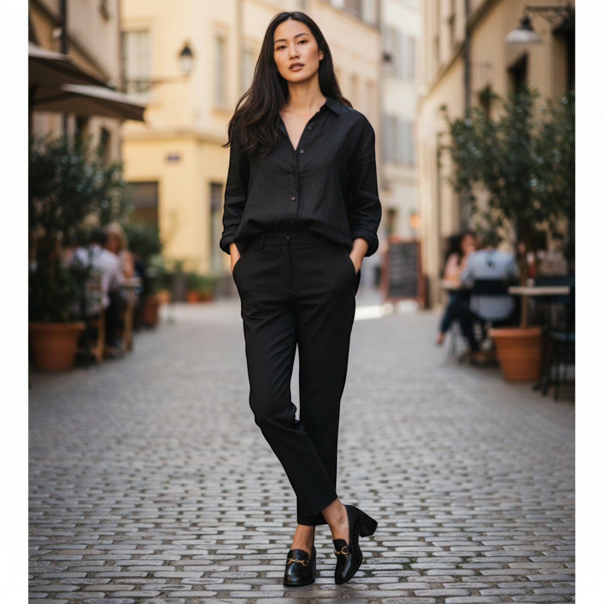 André black leather block heel loafers with gold snaffle detail. Comfortable and elegant.