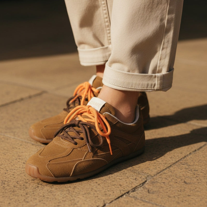 André EWANY CAMEL baskets en cuir marron avec lacets orange, pour femme.
