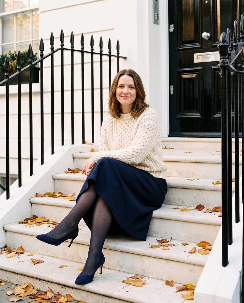 Escarpins EXTASE marine portés, femme assise sur le perron d'une maison londonienne en automne