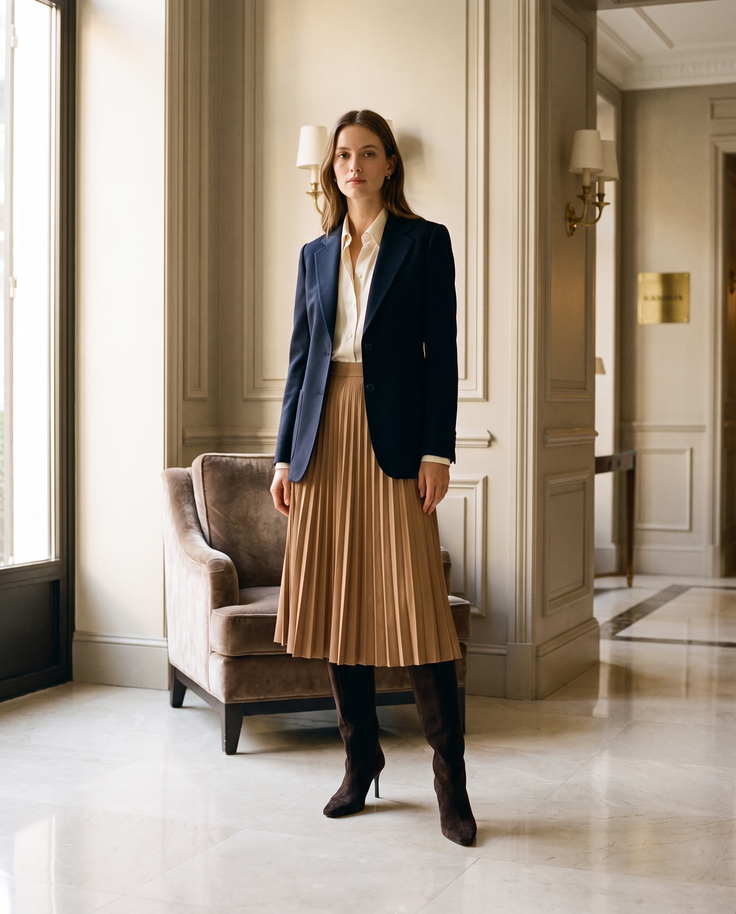 Botte FANETTE marron portée avec un blazer marine dans un lobby d'hôtel — Stephan x Maison André