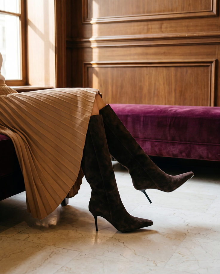 Gros plan sur les jambes portant la botte FANETTE marron, assise sur une banquette d'hôtel — Stephan x Maison André