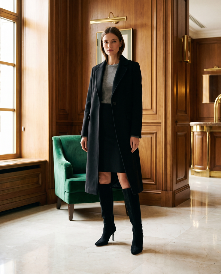Botte FANETTE noire portée avec un manteau noir dans un lobby d'hôtel — Stephan x Maison André