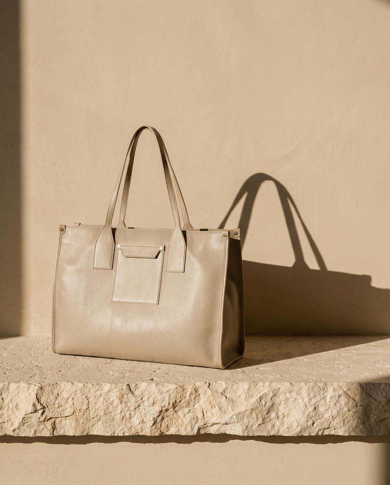 Sac FAUBOURG blanc cassé Maison André sur une marche en pierre