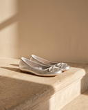 Ballerine GENIALE argent posée sur une marche en pierre, mur enduit beige