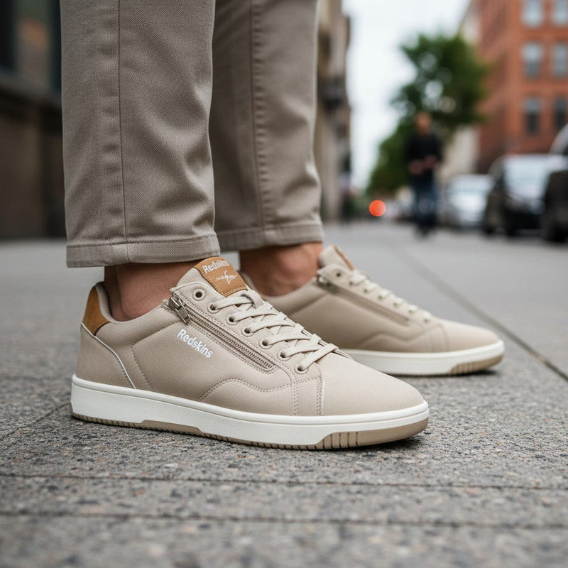 André Gobat beige suede sneakers with camel accents and a side zip closure.