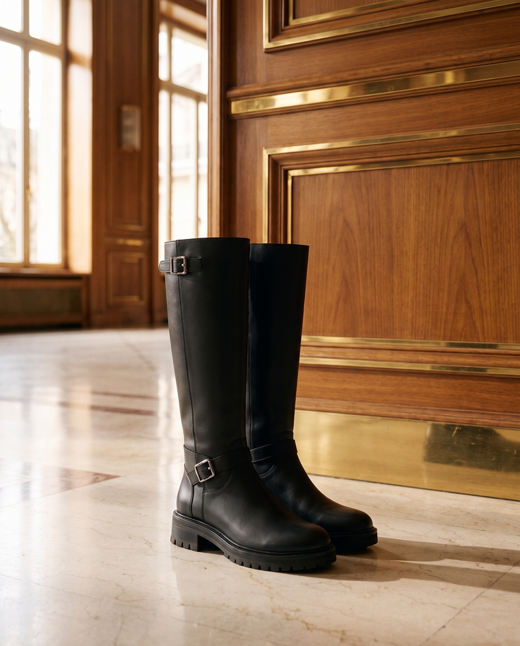 Paire de bottes HERENA noires posée sur un sol en marbre d'hôtel — André