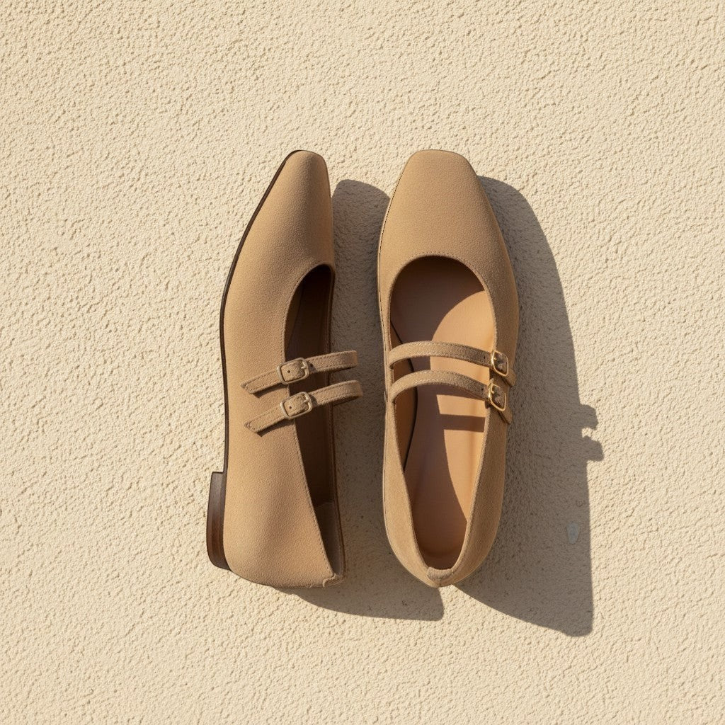 André sable suede ballet flats with double buckle straps. Soft leather, comfortable for daily wear.
