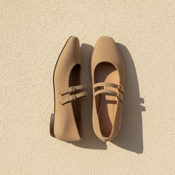 André sable suede ballet flats with double buckle straps. Soft leather, comfortable for daily wear.