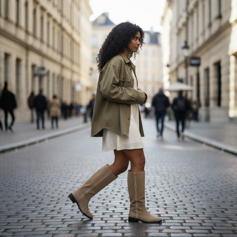 André INGRID sable suede knee-high boots with delicate stitching detail and a low heel.