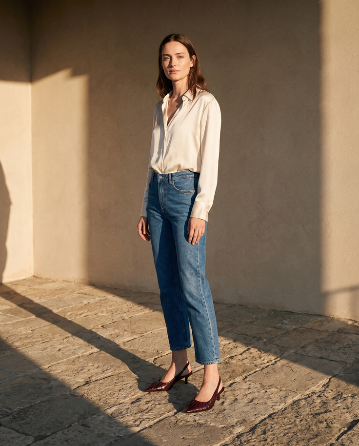 Slingbacks JADE bordeaux portés avec un jean cropé sur une terrasse en pierre — A by André