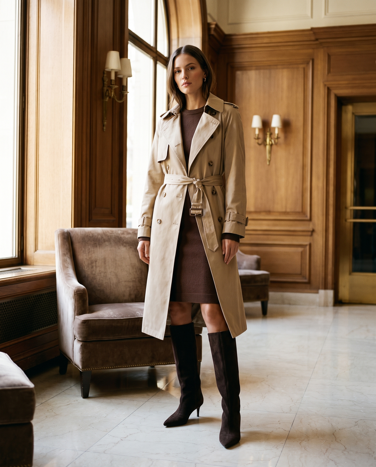 Botte KENZA marron portée avec un trench dans un lobby d'hôtel — Stephan x Maison André