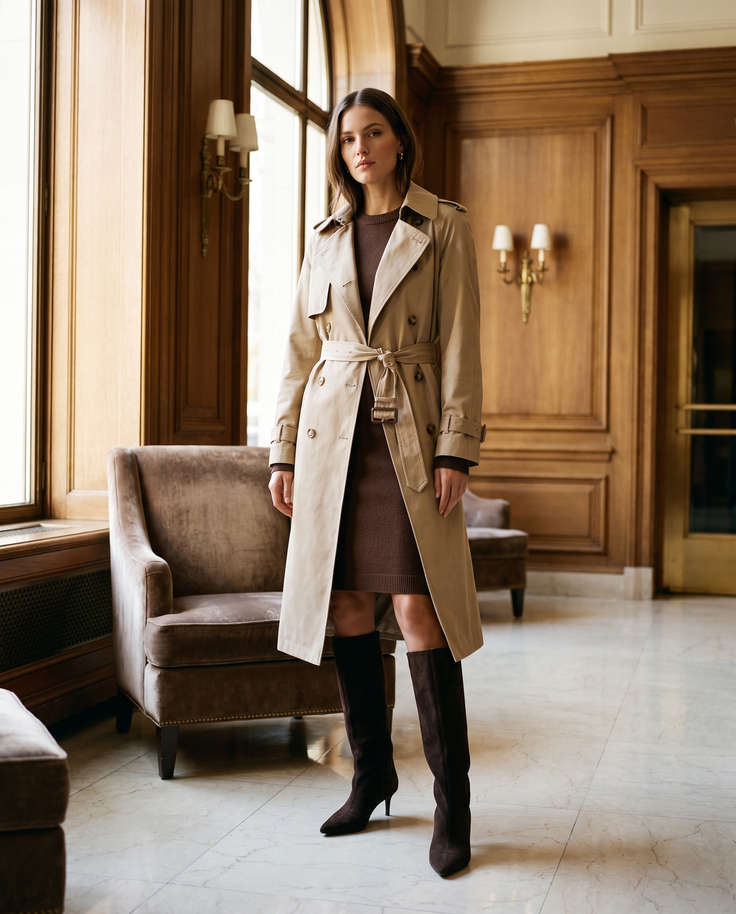 Botte KENZA marron portée avec un trench dans un lobby d'hôtel — Stephan x Maison André