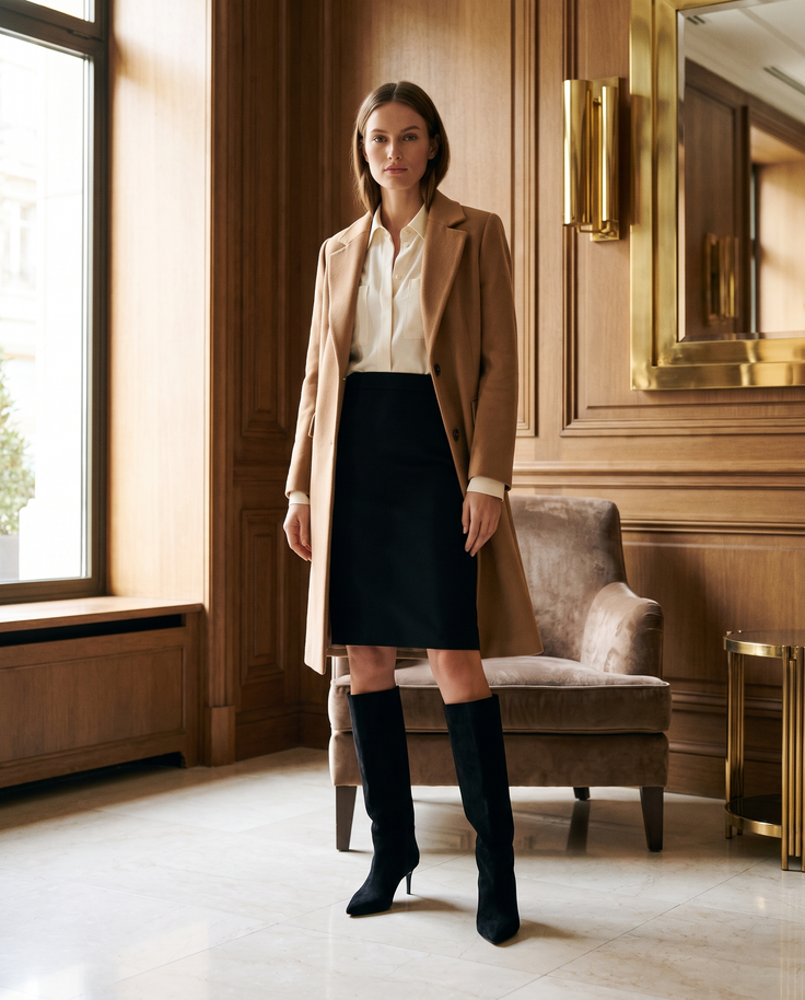 Botte KENZA noire portée avec un manteau camel dans un lobby d'hôtel — Stephan x Maison André