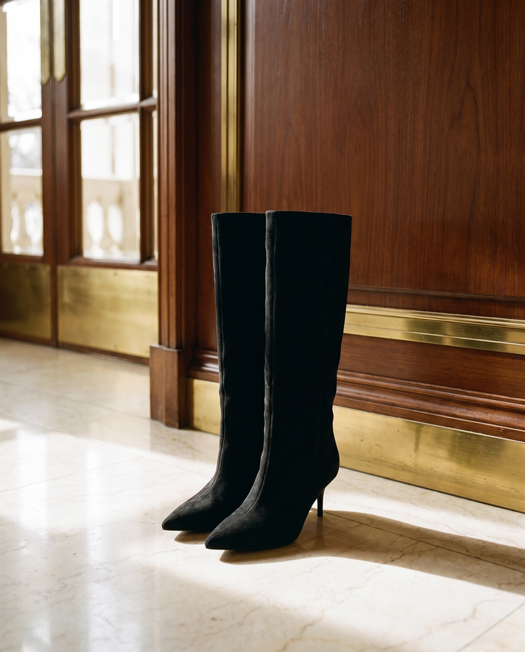 Paire de bottes KENZA noires posée sur un sol en marbre d'hôtel — Stephan x Maison André