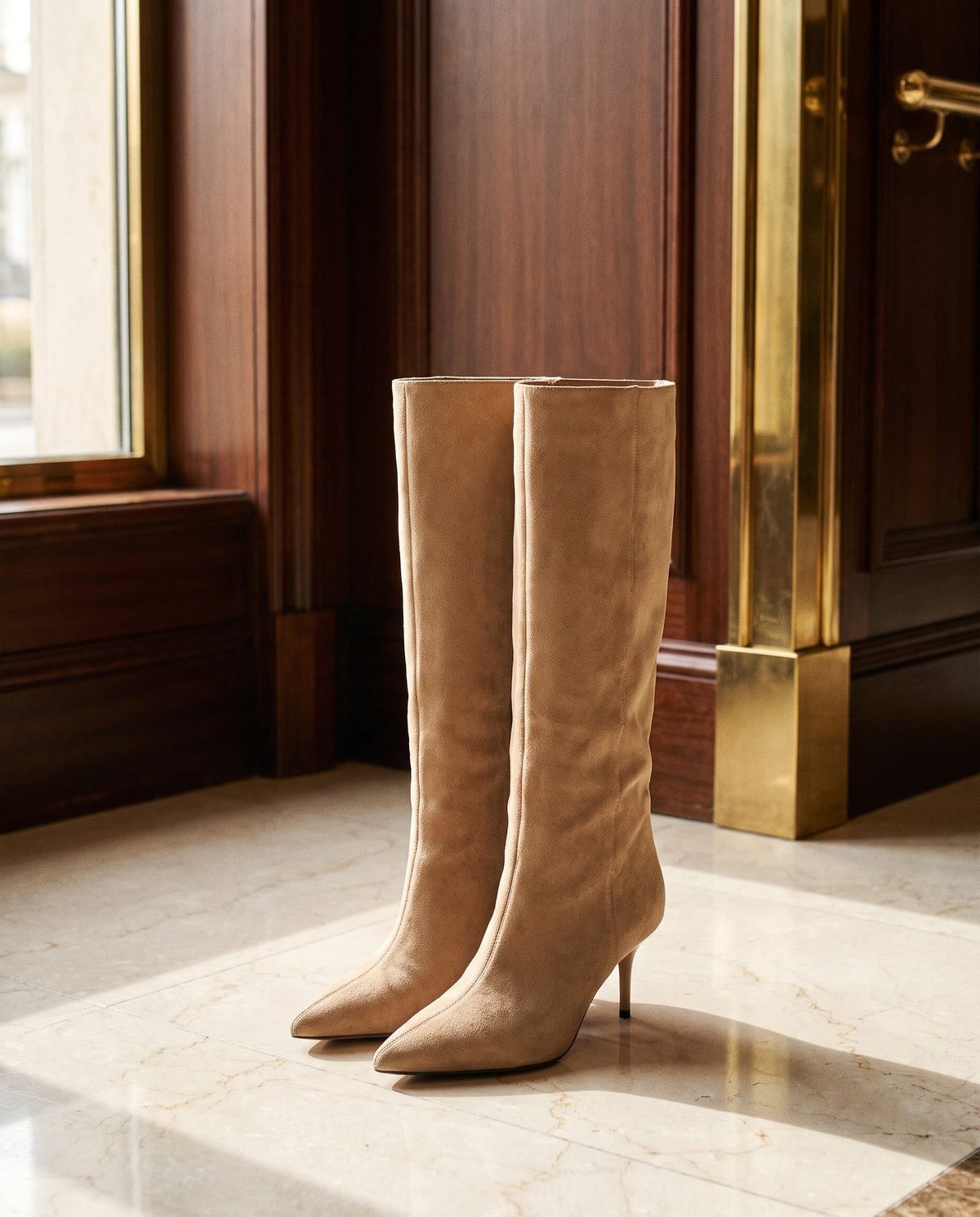 Paire de bottes KENZA taupe posée sur un sol en marbre d'hôtel — Stephan x Maison André