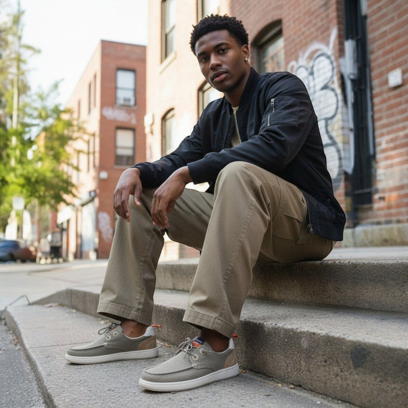 André Kibris kaki canvas and suede moccasin sneakers with orange heel tabs and white soles.