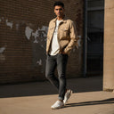 André Ladol II beige and camel suede, leather, and mesh running sneakers with a white accent.