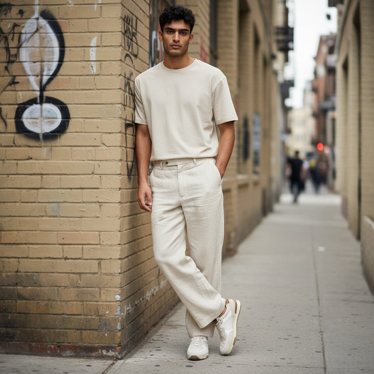 André Ladol II beige and camel suede, leather, and mesh running sneakers with a white sole.