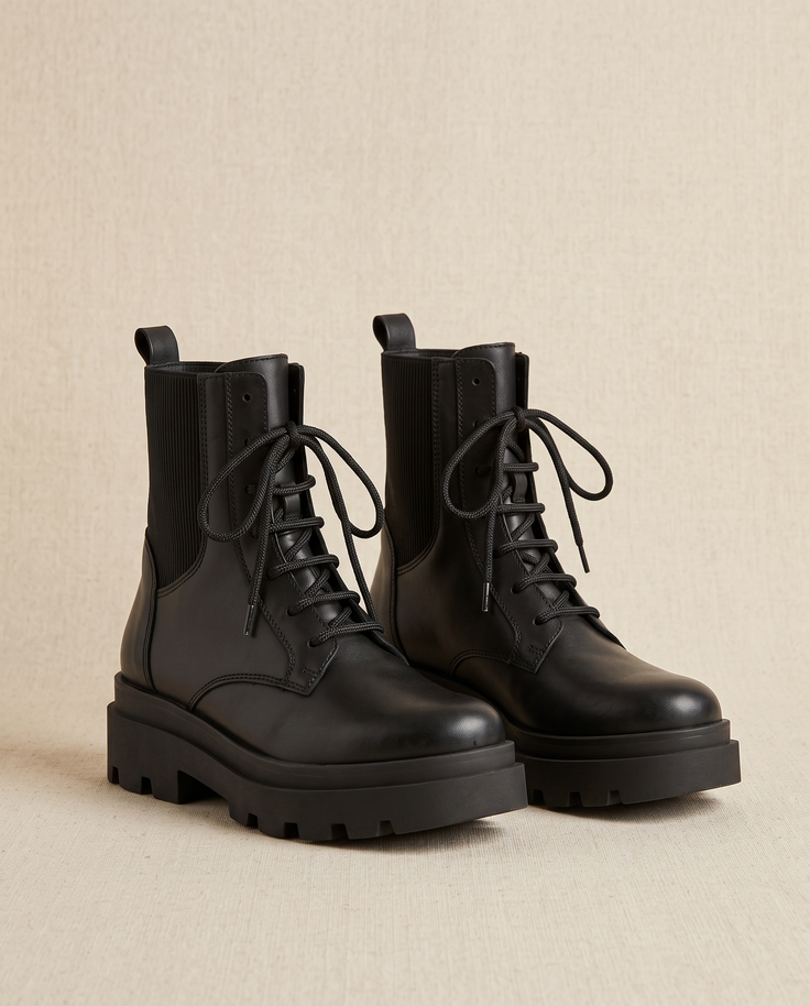 Boots LEONORA noires debout sur fond beige
