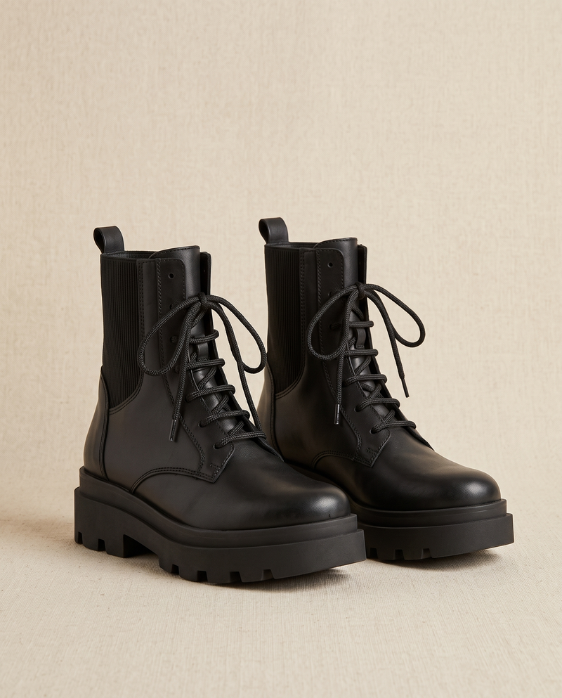 Boots LEONORA noires debout sur fond beige