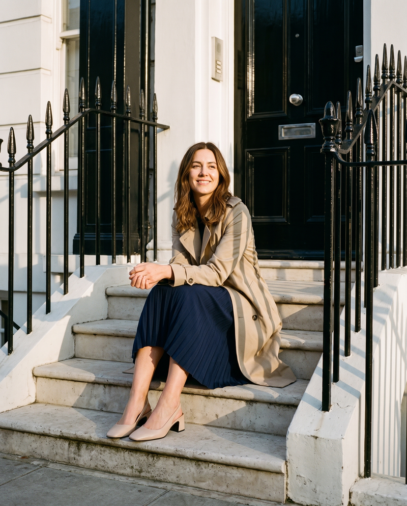 Slingback LIVIA beige portée, femme assise sur le perron d'une maison londonienne