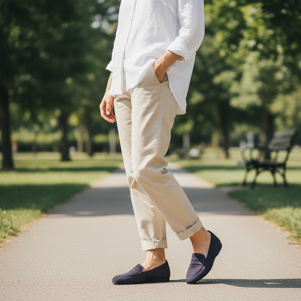 André navy blue suede leather women's loafers with a pleated detail on the vamp.