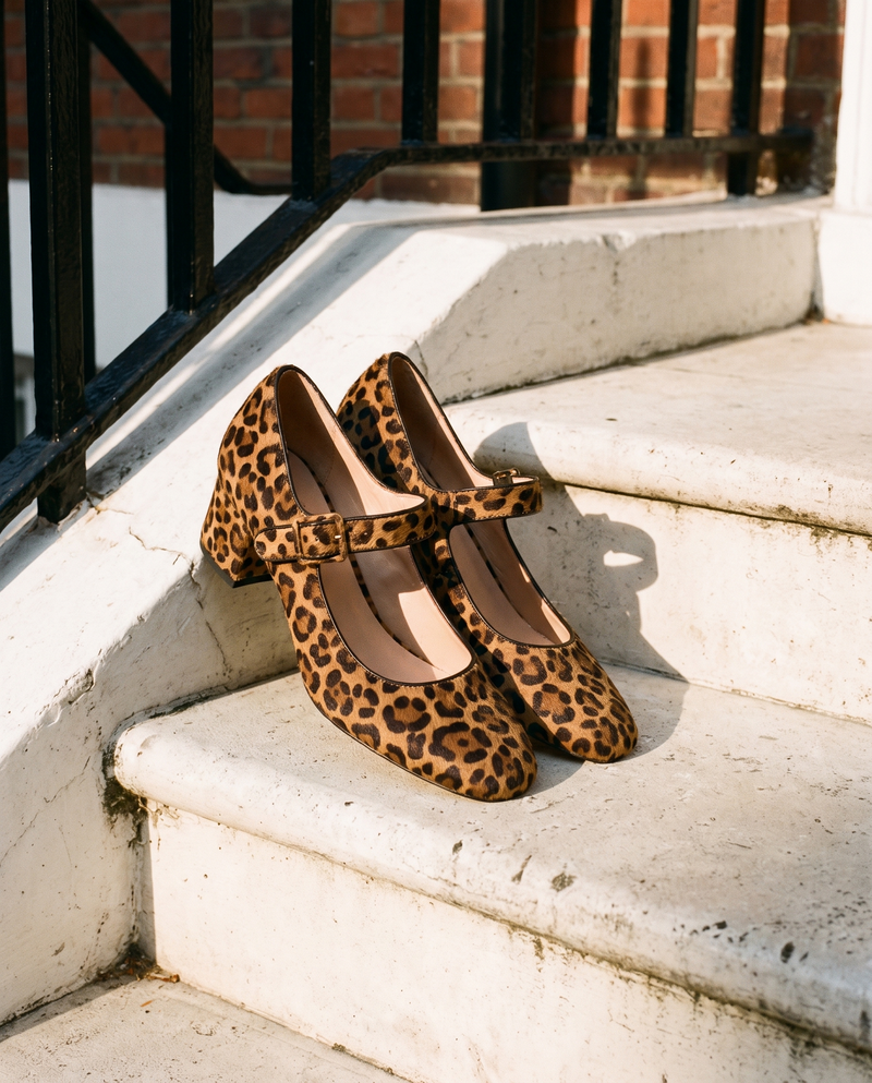 Slingback MONA léopard posée sur le perron d'une maison londonienne