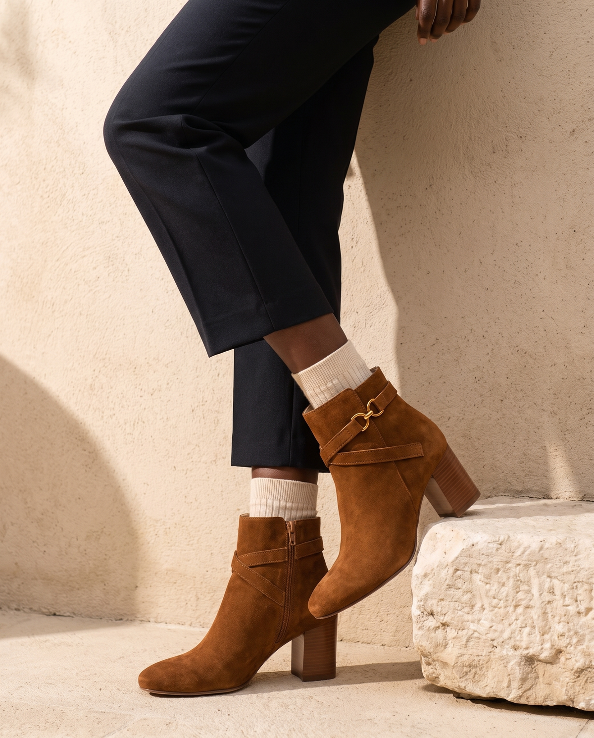Boots MORDUE cognac portées, cadrage jambes